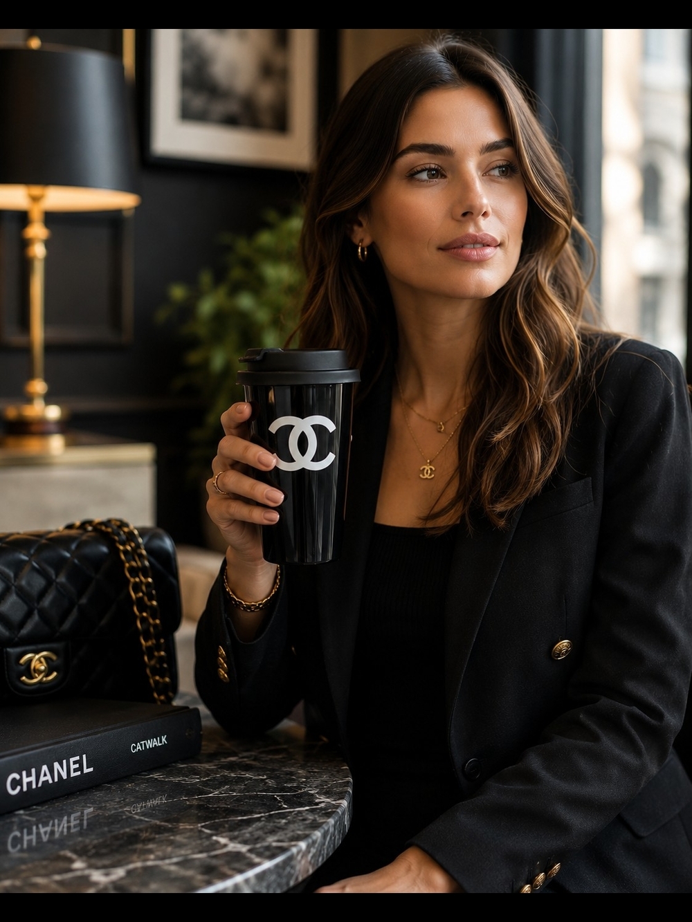 Black Designer Travel Tumbler Coffee Cup with White Double-C Logo